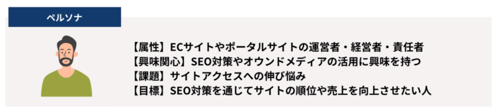 例えば、弊社のNYマーケティング株式会社におけるペルソナは、ECサイトやポータルサイトの運営者で、SEO対策やオウンドメディアの活用に興味を持つ企業の経営者やサイト責任者、SEO対策を通じてサイトの順位や売上を向上させたい人です。